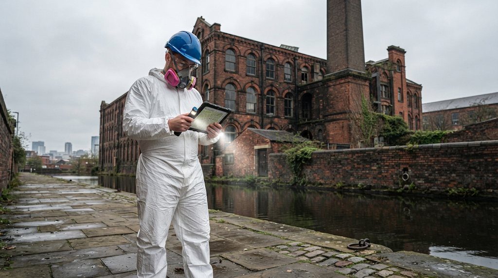 Inspecting a canal-side mill building before conversion.
