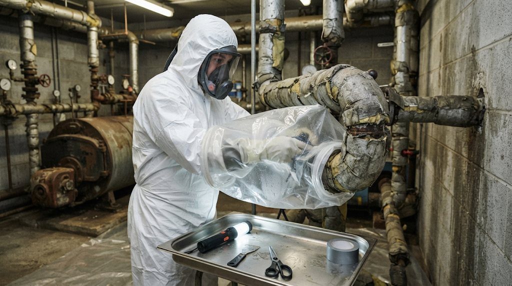 Pipe lagging enclosed in a glove bag before it is removed.